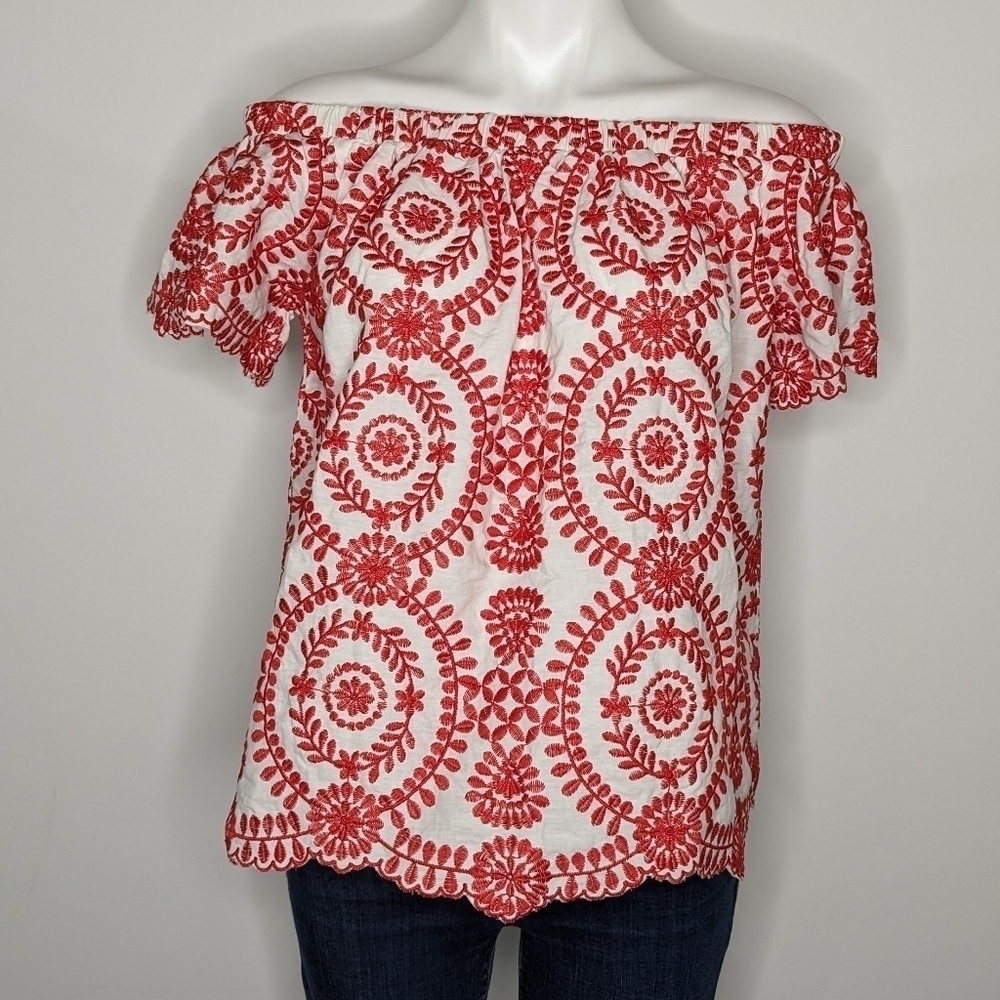 entro White Off-Shoulder Top with Red Embroidered Medallions
